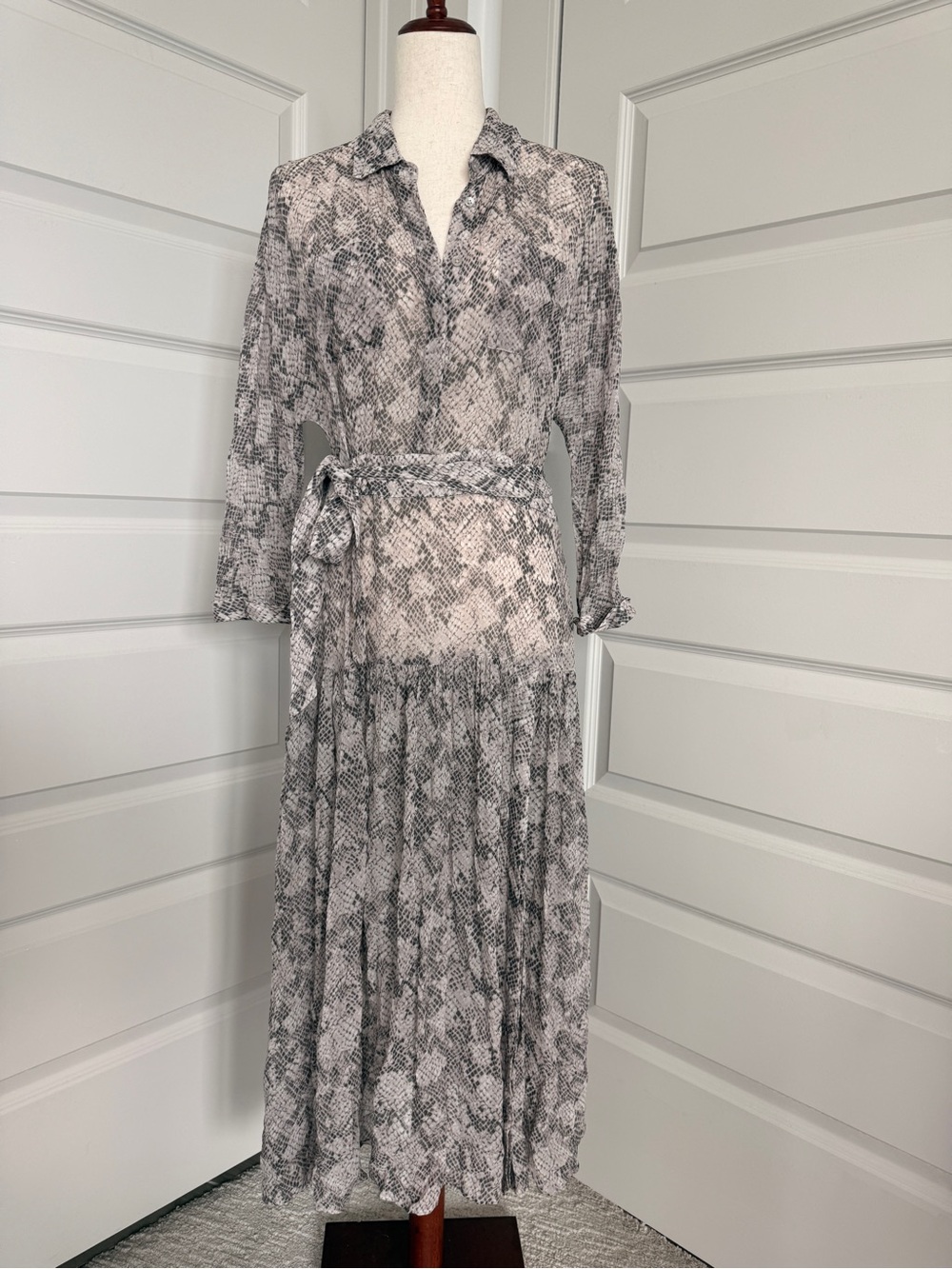 AllSaints Gray and White Snake-Print Long Sleeve Maxi Dress